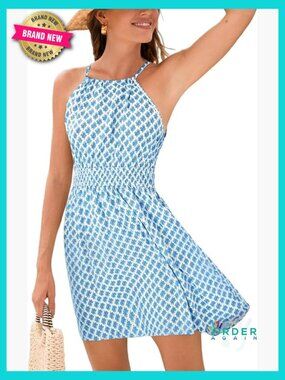Geo Halter Mini Summer Dress Smocked Waist A Line Casual Beach Sundress